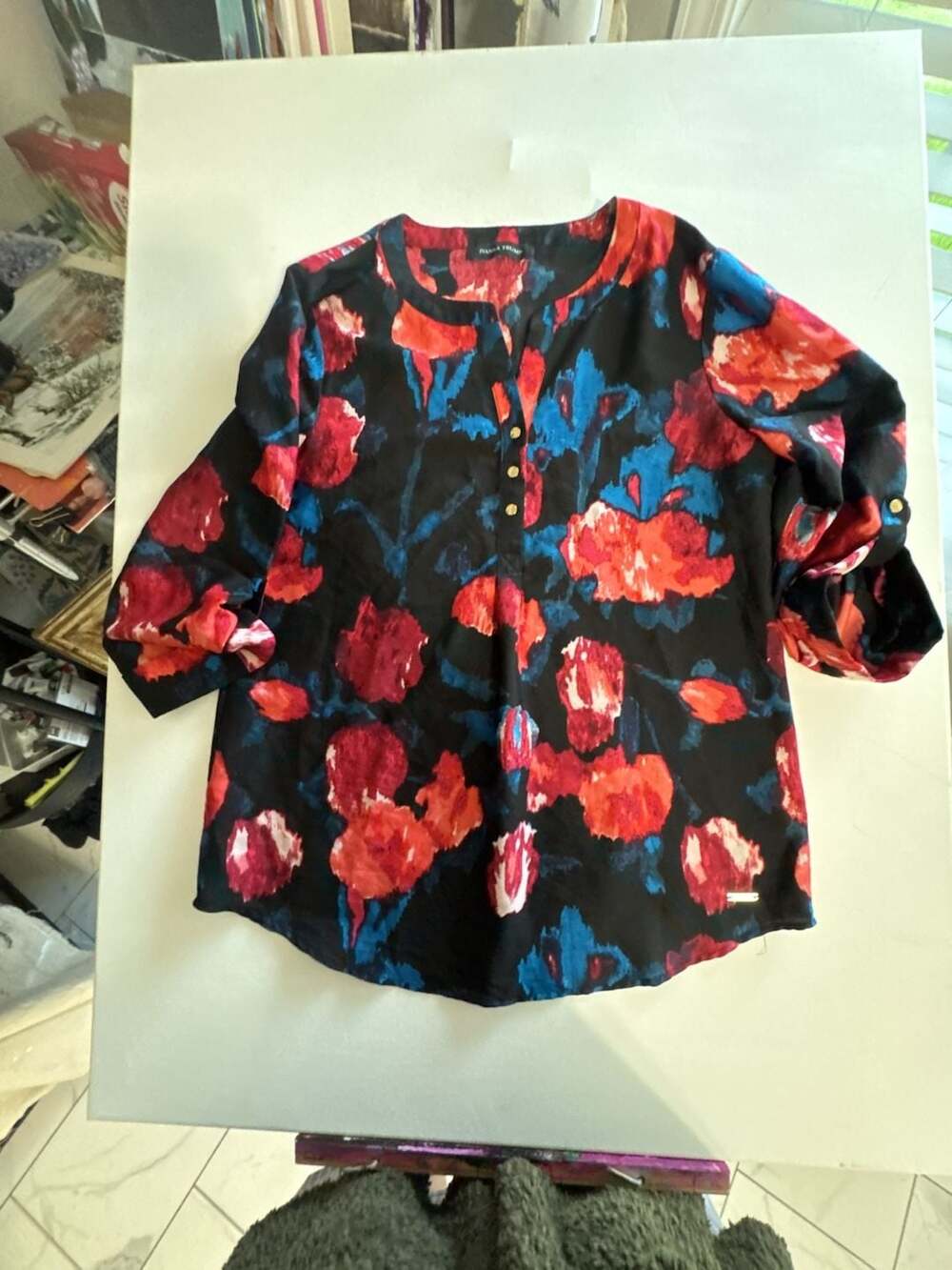 Ivanka Trump Black Floral Print V-Neck Blouse with Roll-Tab Sleeves